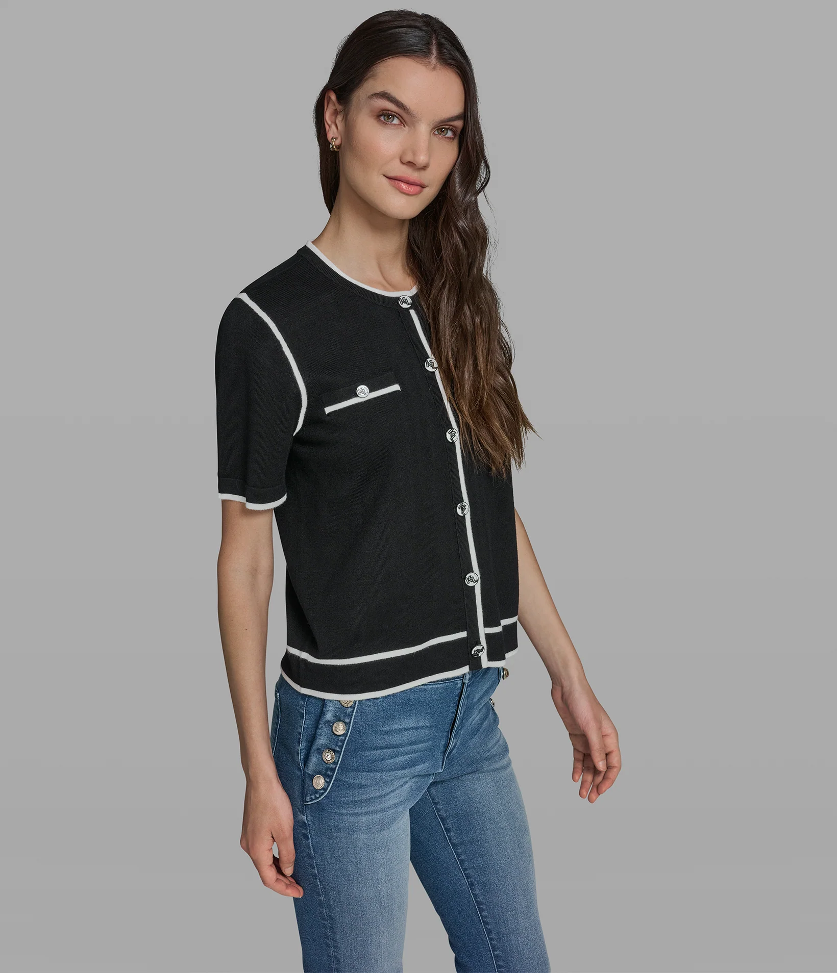 SHORT SLEEVE CARDIGAN WITH CONTRAST TRIM - Image 5