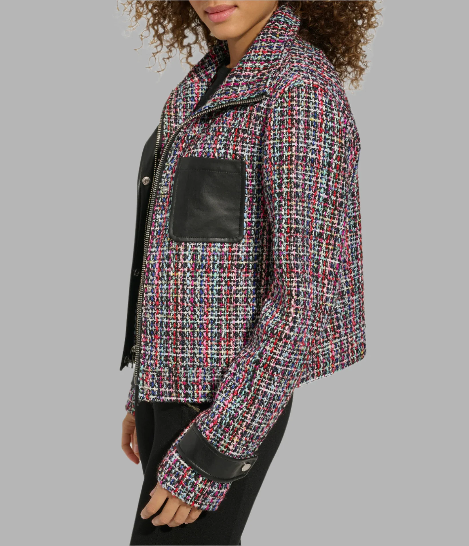 TWEED AND FAUX LEATHER FRONT ZIP JACKET - Image 4