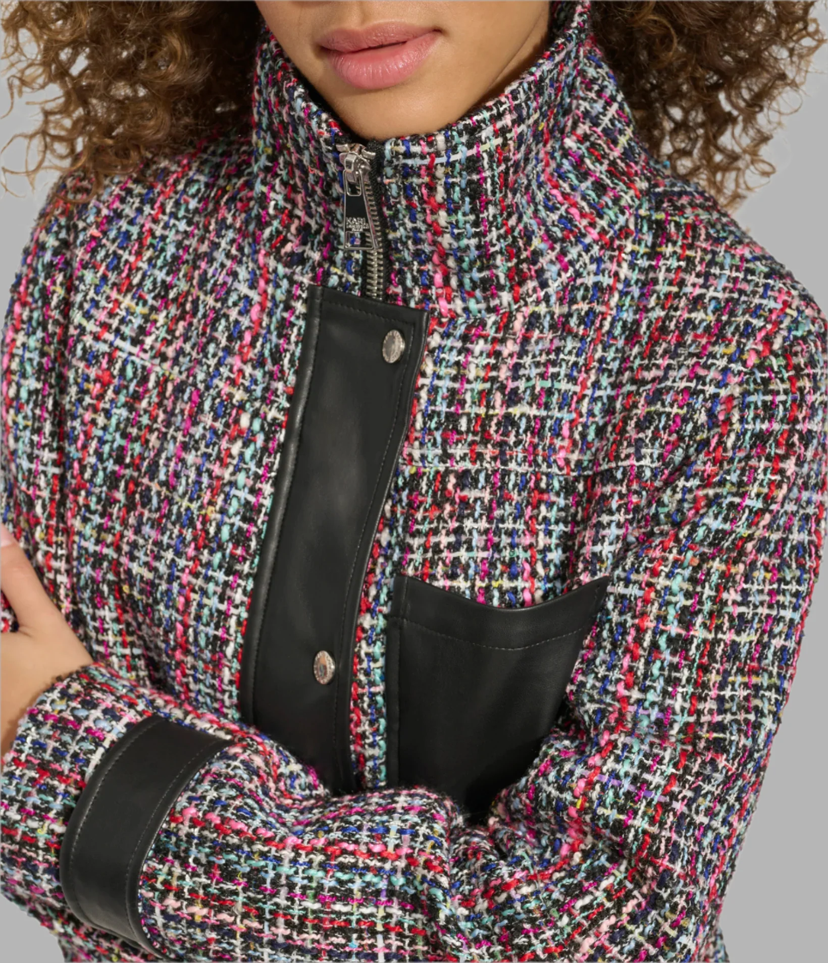 TWEED AND FAUX LEATHER FRONT ZIP JACKET - Image 6